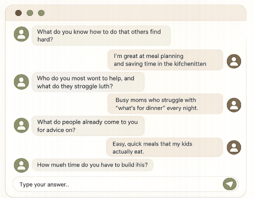 Find Your Idea — chat mockup answering a few questions to get product ideas