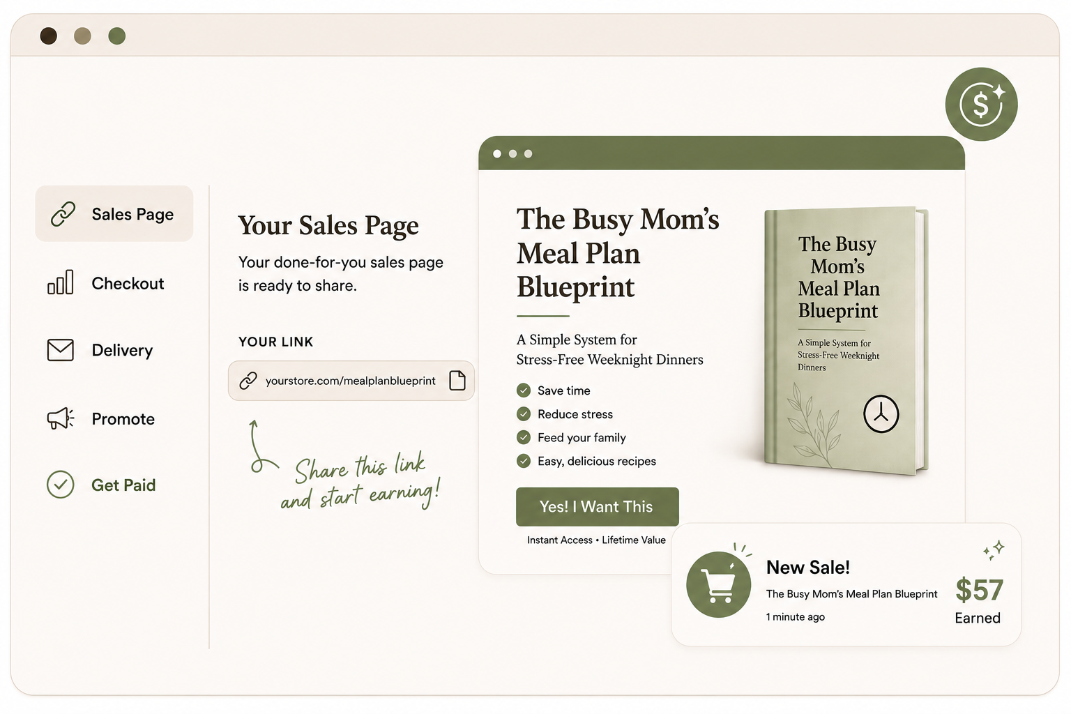 Get Paid — done-for-you sales page, checkout link, and new sale notification