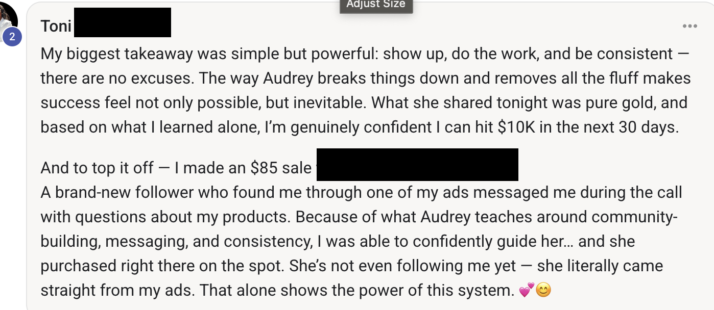 DM from Toni about making an $85 sale
