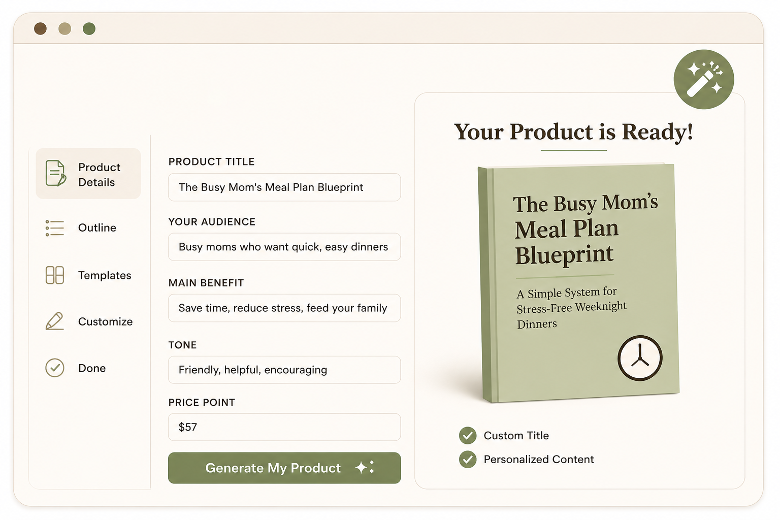 Build It — product builder template with editable details and generated product preview