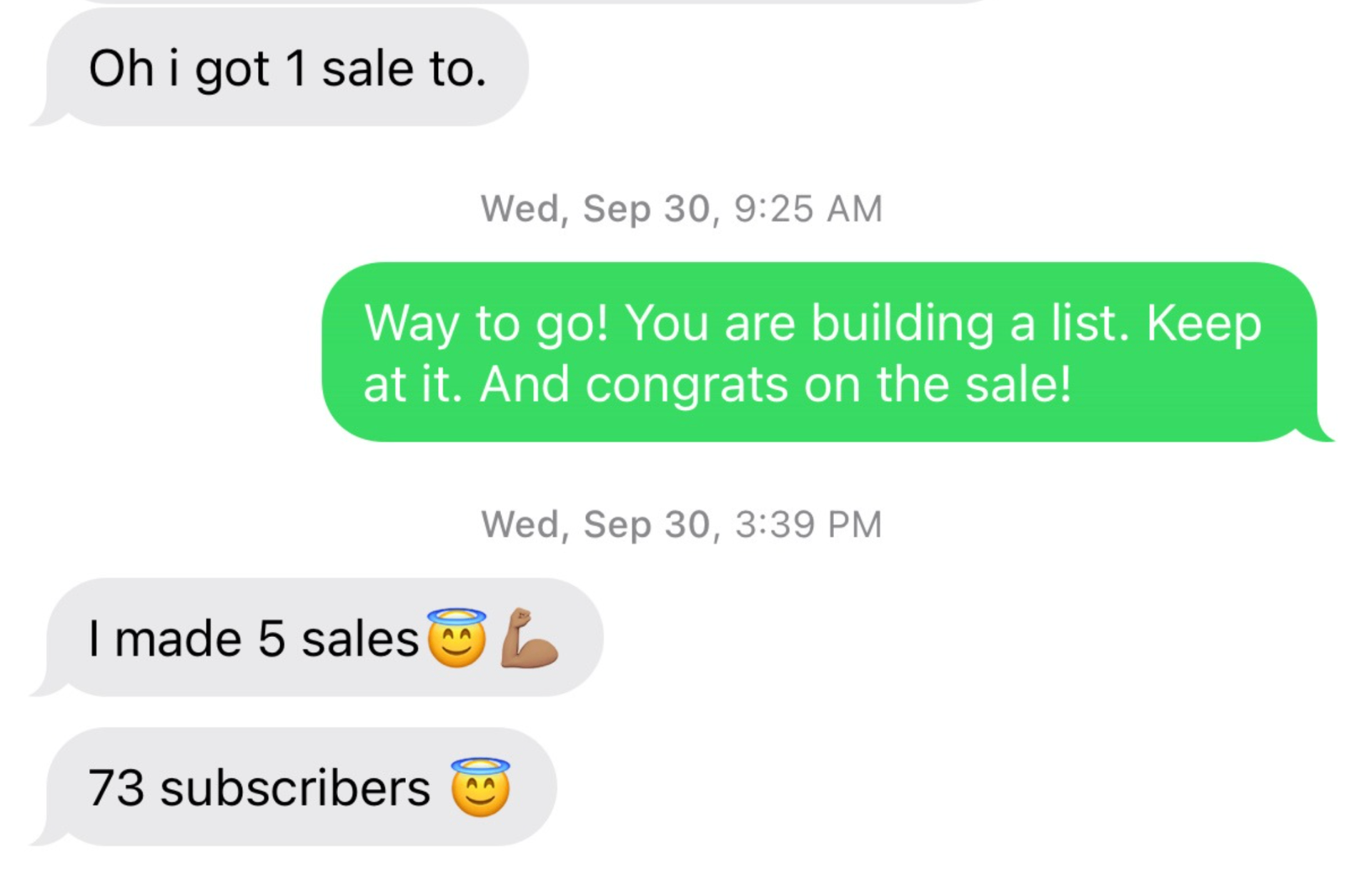 DM — I made 5 sales and 73 subscribers